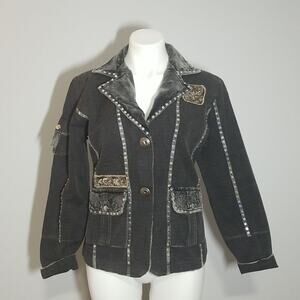 Moka Sport Black Wash Embellished Sequin Denim Jean Jacket Velour Collar